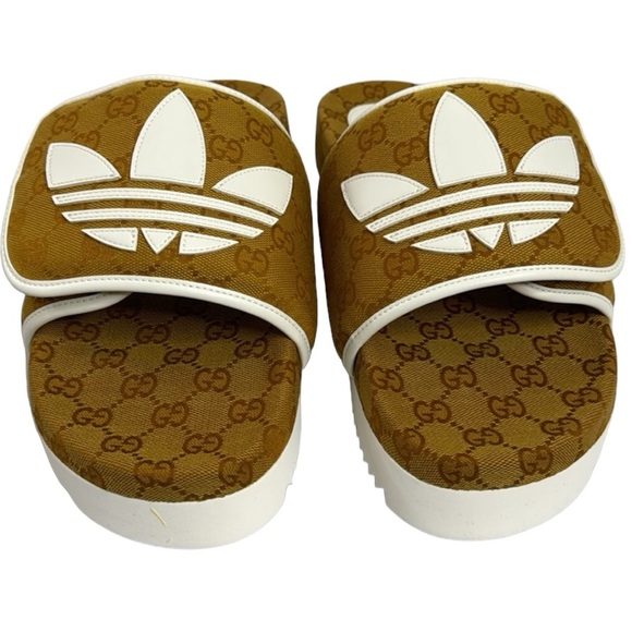 GUCCI NWT TAN BROWN WHITE MEN’S ADIDAS SLIDE SANDALS SIZE 11 MADE IN ITALY - Picture 4 of 11